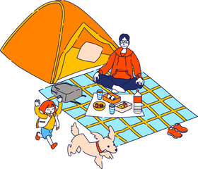 ピクニックを楽しむ親子と犬