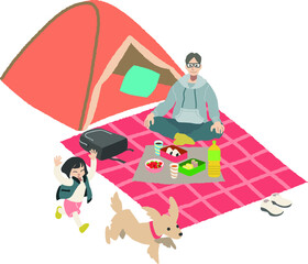 ピクニックを楽しむ親子と犬