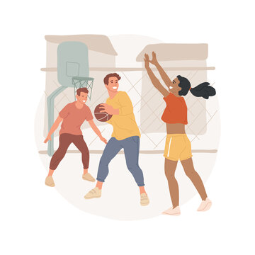 Basketball abstract concept vector illustration. Community basketball playground, young people playing, suburban houses on background, neighborhood sport facility outdoors abstract metaphor.