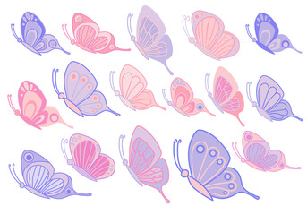 Butterfly big set isolated on white background. Flat style. Collection of butterflies for invitation card, beauty or spa design, pattern element, t shirt print or other use. Vector illustration.