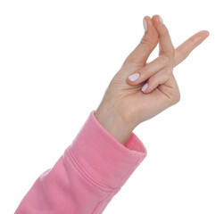 Woman snapping fingers on white background, closeup of hand