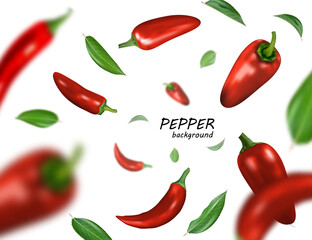 Many red chili peppers free falling on white background. Realistic vector, 3d illustration