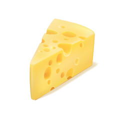 Cheese isolated on white background. Triangular piece of fresh yellow cheese. Quality Realistic Vector 3d illustration of dairy farm product. Icon.