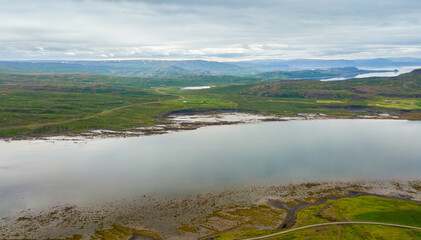 Obraz premium Summertime Aerial view of landscape on the road in Iceland, west fjords in Iceland