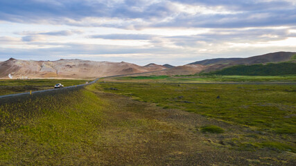 Summertime Aerial view of landscape on the road in Iceland, west fjords in Iceland