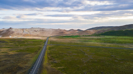 Summertime Aerial view of landscape on the road in Iceland, west fjords in Iceland