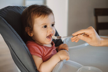 Hand holding a spoon feeding baby girl sitting on high-chair. Healthy food. Healthy lifestyle. Baby...