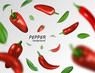 Many red chili peppers free falling on transparent background. Realistic vector, 3d illustration