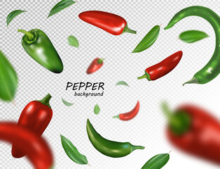 Many red and green chili peppers free falling on transparent background. Realistic vector, 3d illustration