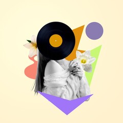 Contemporary art collage of woman with vinyl record head