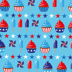 vector 4th of July seamless pattern with cupcakes and ice-cream