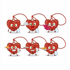 happy red heart necklace waiter cartoon character holding a plate