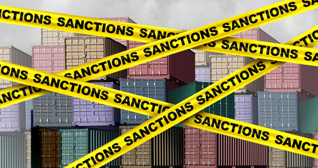 Economic sanctions and government restrictions or punitive tariffs as a financial penalty or commercial sanction and trade barrier from countries to cause financial pain and incentive. - obrazy, fototapety, plakaty