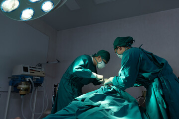Professional anesthesiologist doctor medical and assistant preparing patient to surgery performing...