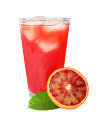Tasty sicilian orange juice with ice cubes in glass, fruit and leaf on white background