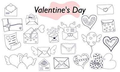 A set of items for Valentines Day. Envelopes, valentines, letters. In linear design. A symbol of love and a Valentines Day holiday. Vector illustration.