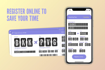Mobile Boarding pass concept. Online tickets ads template. Electronic Flight card for online registration.