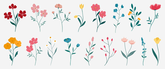 Collection of colorful floral elements in flat color. Set of spring and summer wild flowers, plants, branches, leaves and herb. Hand drawn of blossom vectors for decor, website, graphic and shop. - obrazy, fototapety, plakaty