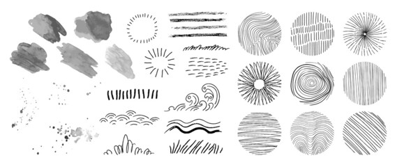 Set of abstract hand drawn patterns and organic line in circle. Elements of watercolor brush, curved and wavy line, waves and brush stroke. Collection for product design, marketing, ads and decor.