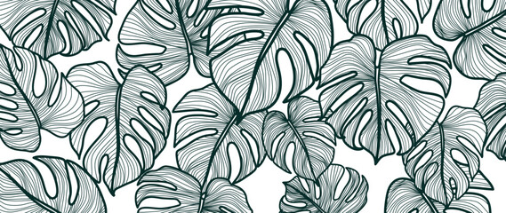 Abstract tropical leaf on white background. Hand drawn of philodendron plant, monstera leaves in line art pattern. Leafy nature design for wallpaper, banner, covers, wall art, home decor, fabric. - obrazy, fototapety, plakaty