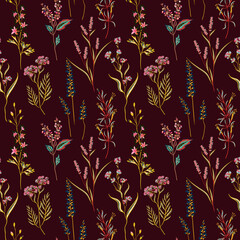 Retro wild flower pattern in the many kind of florals. Botanical Motifs scattered random. Seamless vector texture. For fashion prints. Printing with in hand drawn style on dark background. - 488916588