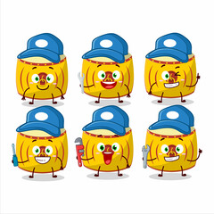 mechanic yellow chinese drum cute mascot character with pliers