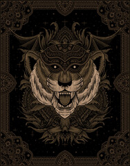 illustration tiger head with antique engraving ornament style