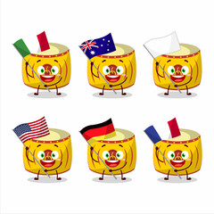 Yellow chinese drum cartoon character bring the flags of various countries