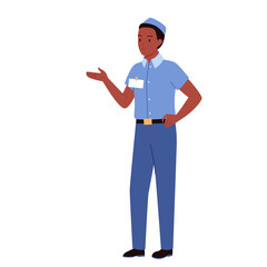 Supermarket or grocery store employee at work vector illustration. Cartoon male salesperson standing and waving hand, friendly man in blue uniform working and greeting clients isolated on white