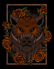 illustration wild boar head with rose flower engraving style