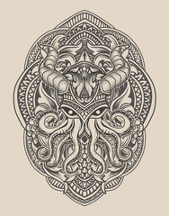 illustration vintage octopus with engraving ornament style