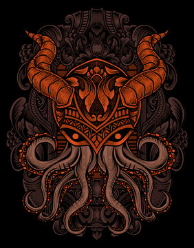 illustration vintage octopus with engraving ornament style