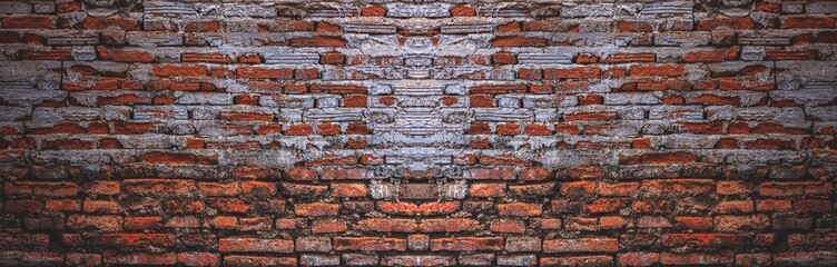 Old vintage retro style bricks wall for abstract panorama red brick background and texture.