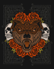 illustration bear head with skull and rose flower engraving style