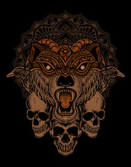 illustration bear head with skull and crow bird mandala