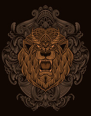 illustration lion head with antique engraving ornament style