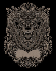 illustration lion head with antique engraving ornament style