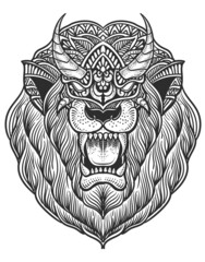 illustration lion head engraving style with mask
