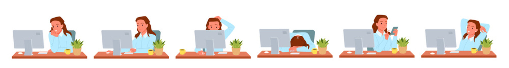 Work of woman in different poses in front of office computer vector illustration. Cartoon businesswoman sitting at desk, professional manager showing gestures, employee working isolated on white
