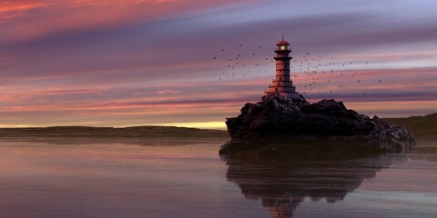 Lighthouse on the rocks in the sea against the backdrop of a bright sunset sky. Seascape. 3d illustration