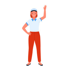 Storekeeper or employee of store standing and waving to customers vector illustration. Cartoon friendly female supermarket worker in shop uniform and cap working with buyers isolated on white