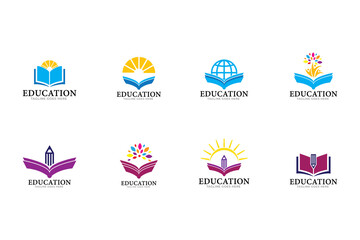 Set of vector education logo, icons, emblems design elements. Open book, sun, globe, tree and and light bulb linear symbol. Online education, training, learning concept.