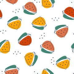 Watermelon yellow and red pattern. Abstract spots with halves of ripe watermelon berry on a seamless white background. Modern cool and trendy pattern for kids design decoration. Vector illustration