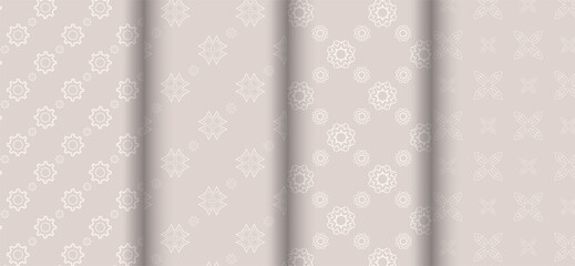 Set of light background patterns with ornaments. Seamless pattern, texture. White and gray geometric backgrounds. Flat design. Vector illustration