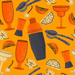 Vector bartender equipment seamless pattern. Vector orange bright illustration