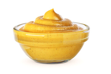 Bowl with mustard isolated on white.