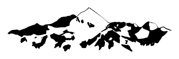 Snow covered mountain peaks, mountain range panoramic view, black and white landscape