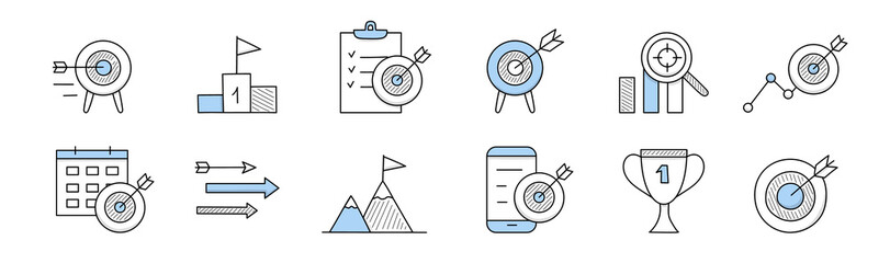 Business goal doodle icons dart target with arrow, pedestal and flag, to-do list with ticks, chart, glass with aim, calendar or schedule, mountain top, trophy cup, mobile, Line art vector illustration