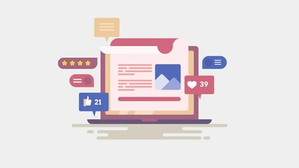 Blogging, blog post publishing, content marketing on social media platform, digital networking, virtual communication development and online business concept. 2d animation 4k video clip.