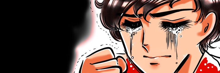 70年代少女漫画拳を握り泣き叫ぶ天然パーマのイケメン少年のイラスト